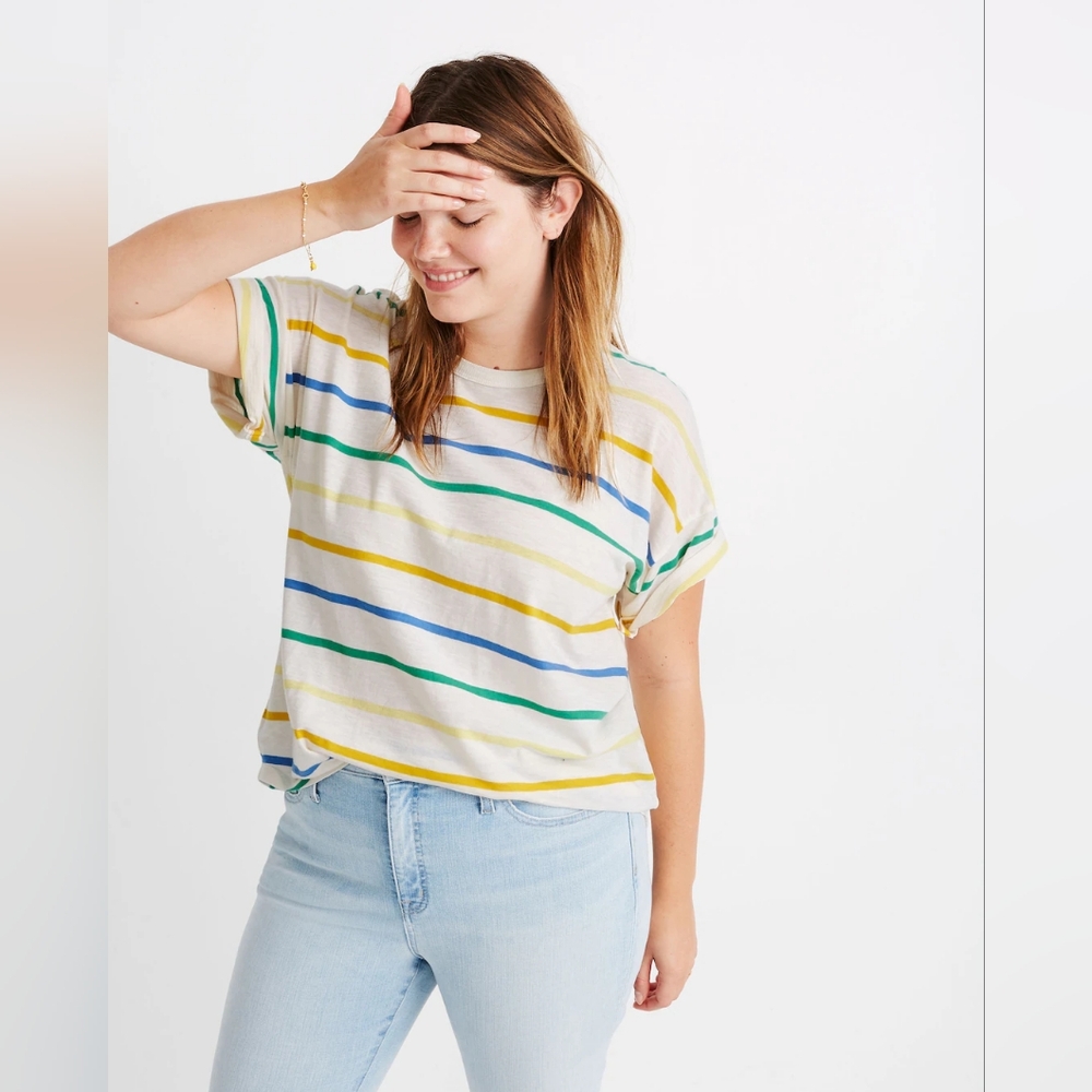 Madewell - Whisper Cotton Raymond Tee AN131 | Size XS | Stripe Hermitage Blue
